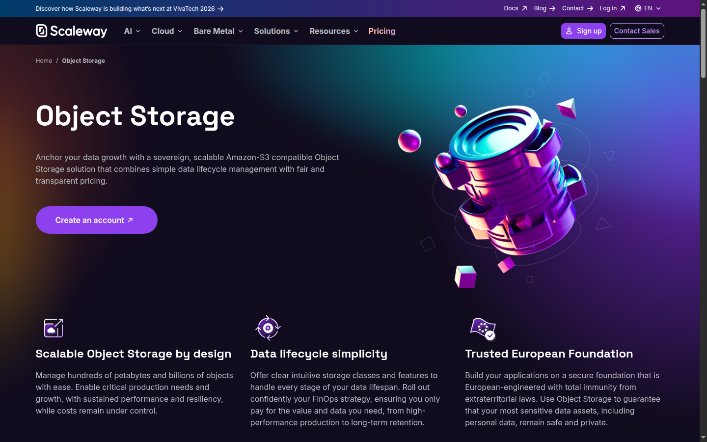 Scaleway Object Storage homepage screenshot