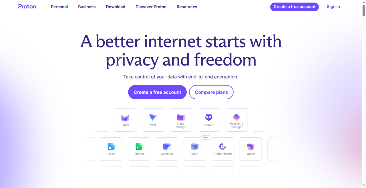 Proton Mail homepage screenshot