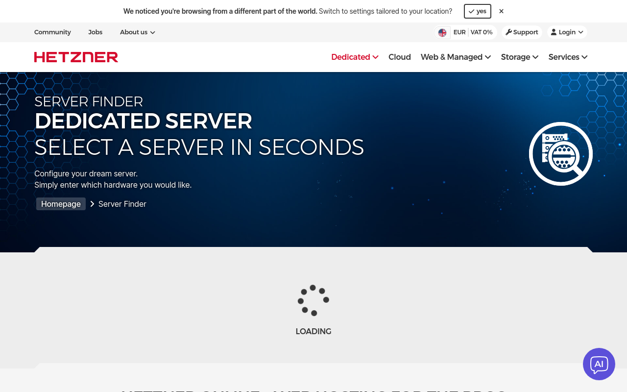 Hetzner Dedicated Server homepage screenshot