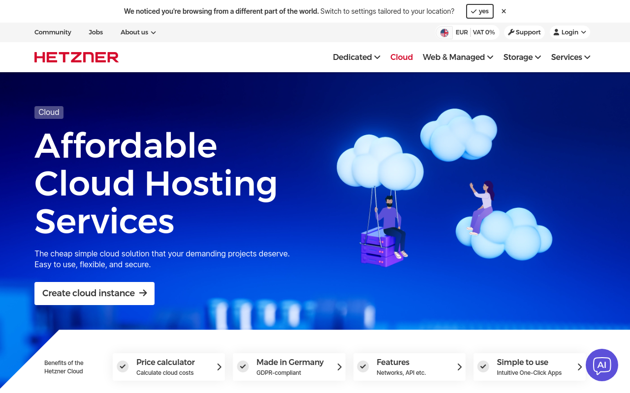 Hetzner Cloud homepage screenshot