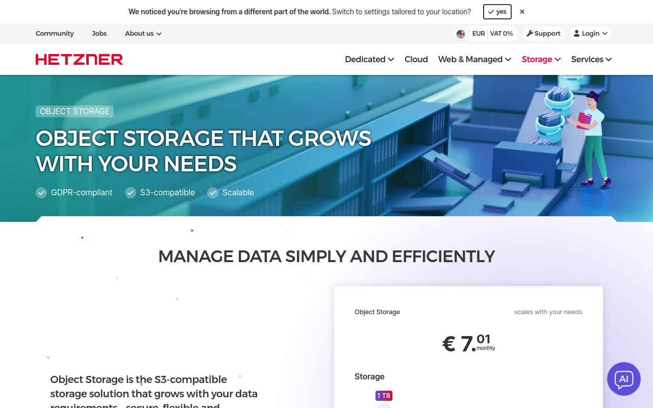 Hetzner Object Storage homepage screenshot